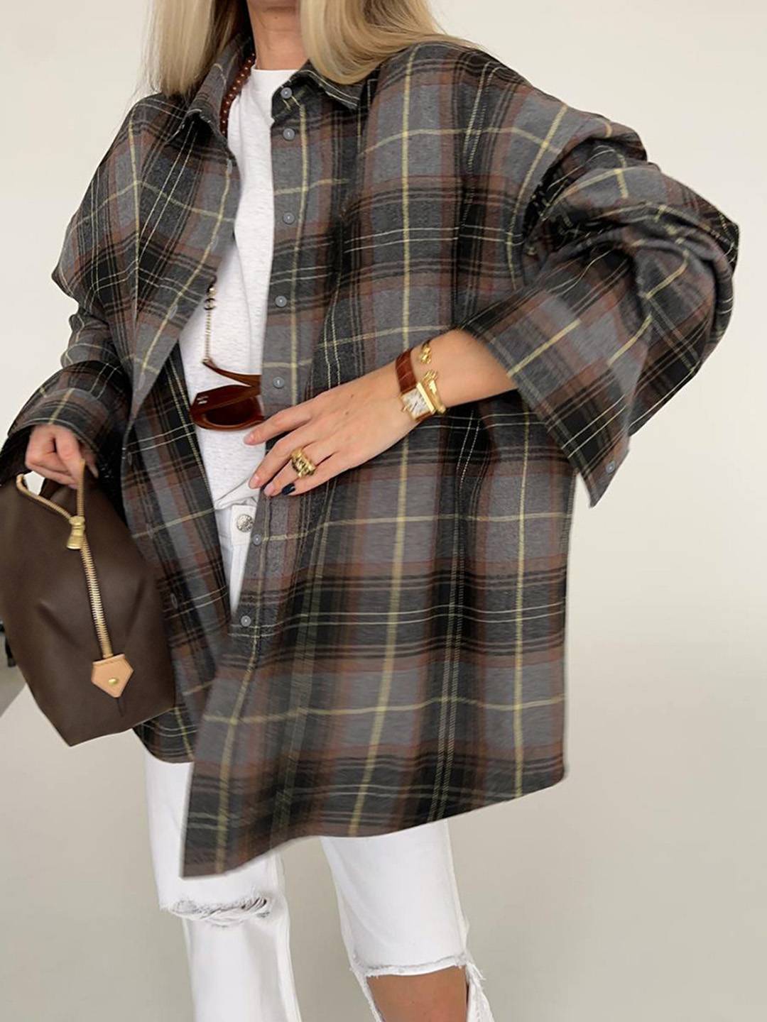 Cocolii blouse carreaux col chemise manches longues vintage décontracté ample asual surchemise femme style bûcheron
