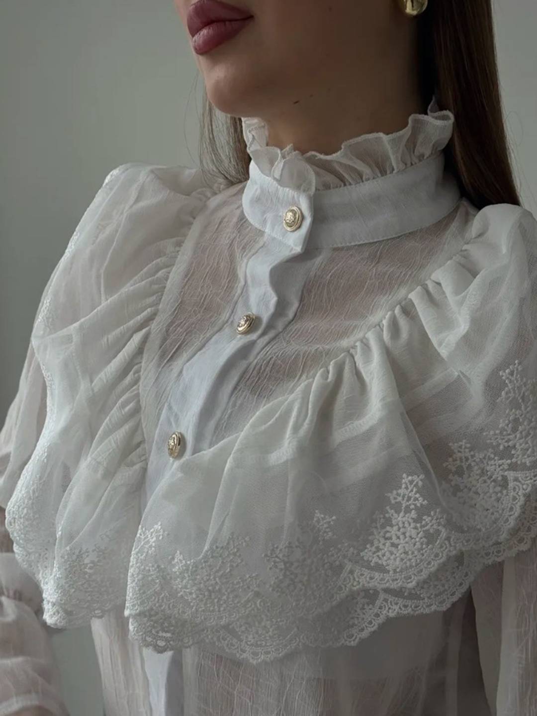 Cocolii chemisier femme dentelle mousseline à volantée boutonnage col montant manches évasées vintage blouse