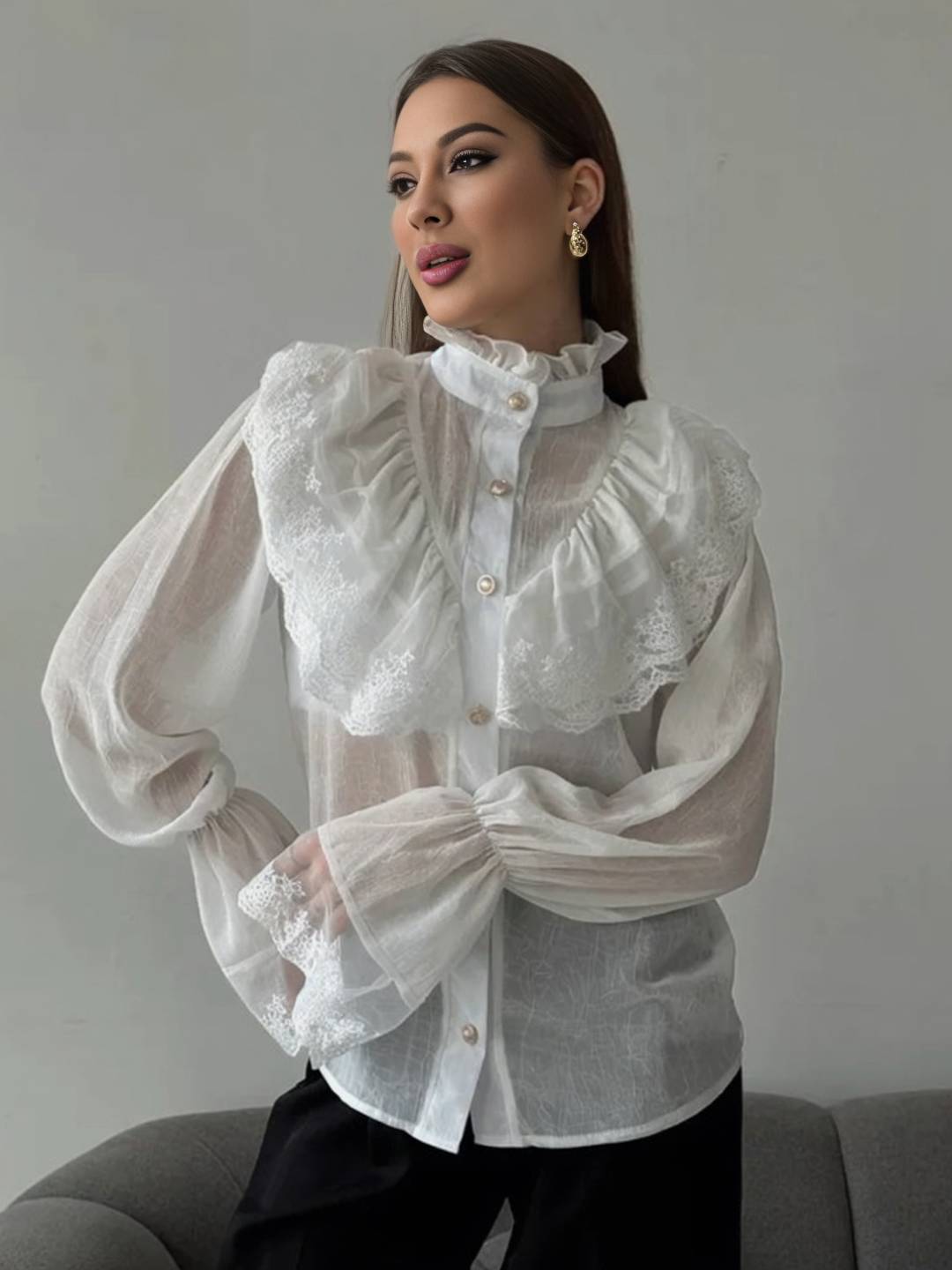 Cocolii chemisier femme dentelle mousseline à volantée boutonnage col montant manches évasées vintage blouse