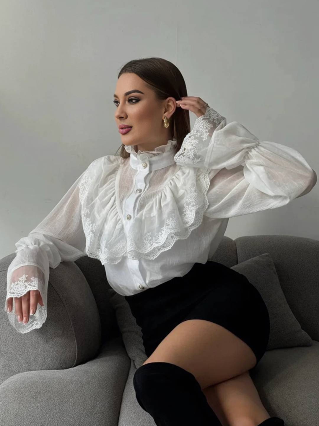 Cocolii chemisier femme dentelle mousseline à volantée boutonnage col montant manches évasées vintage blouse