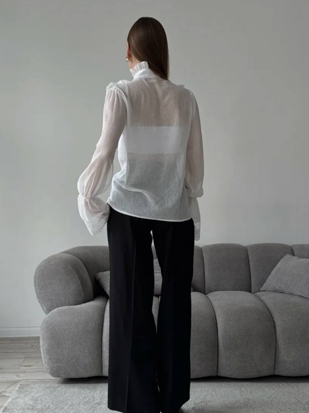 Cocolii chemisier femme dentelle mousseline à volantée boutonnage col montant manches évasées vintage blouse