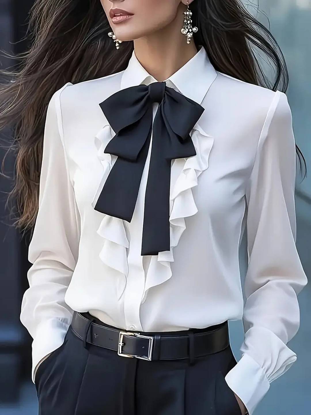 Cocolii chemisier femme avec noeud papillon contrastant col jabot manches bishop casual blouse pour bureau