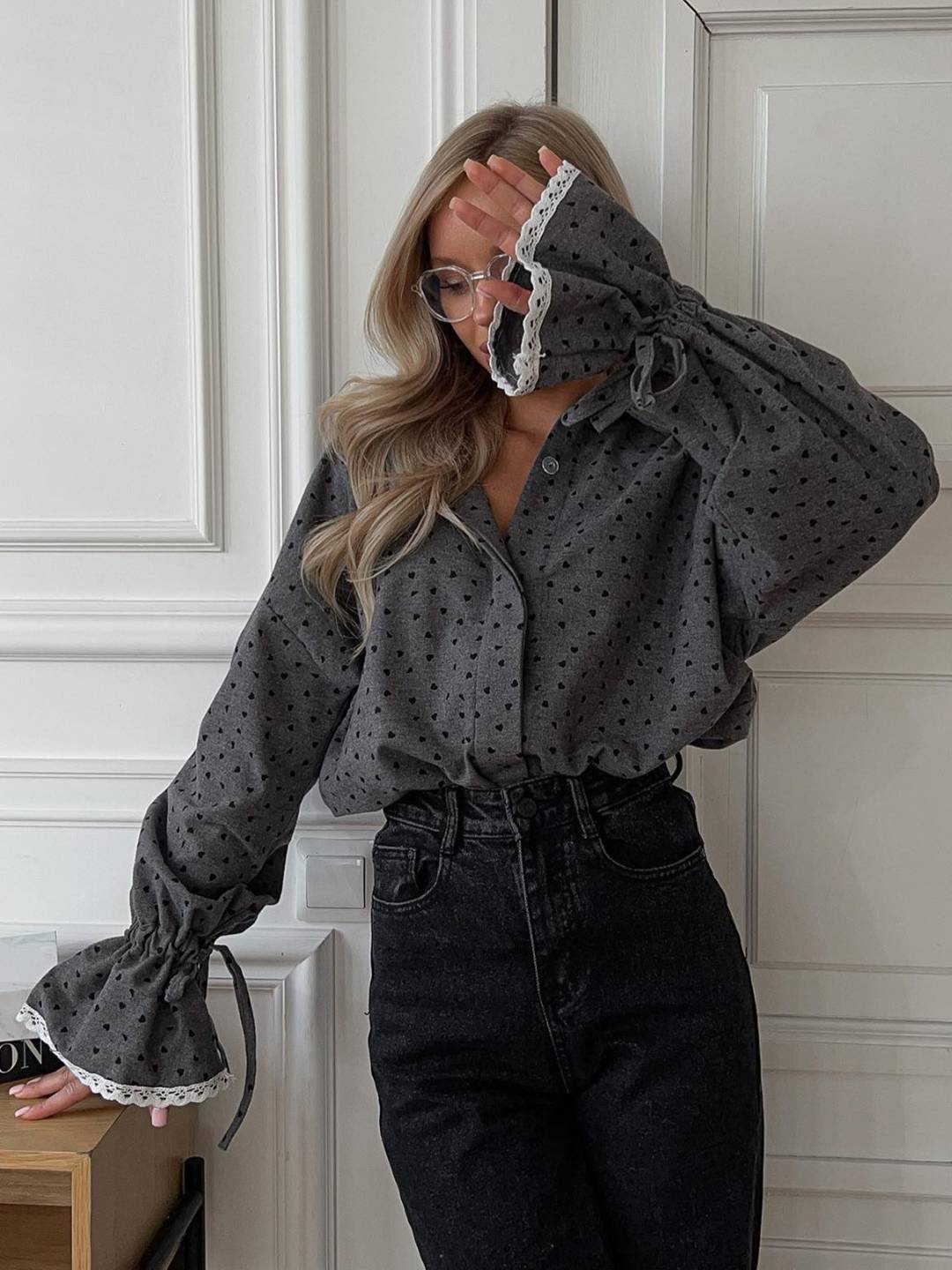 Cocolii chemisier à pois dentelle col chemise manches évasées manches longues femme vintage décontracté doux blouse