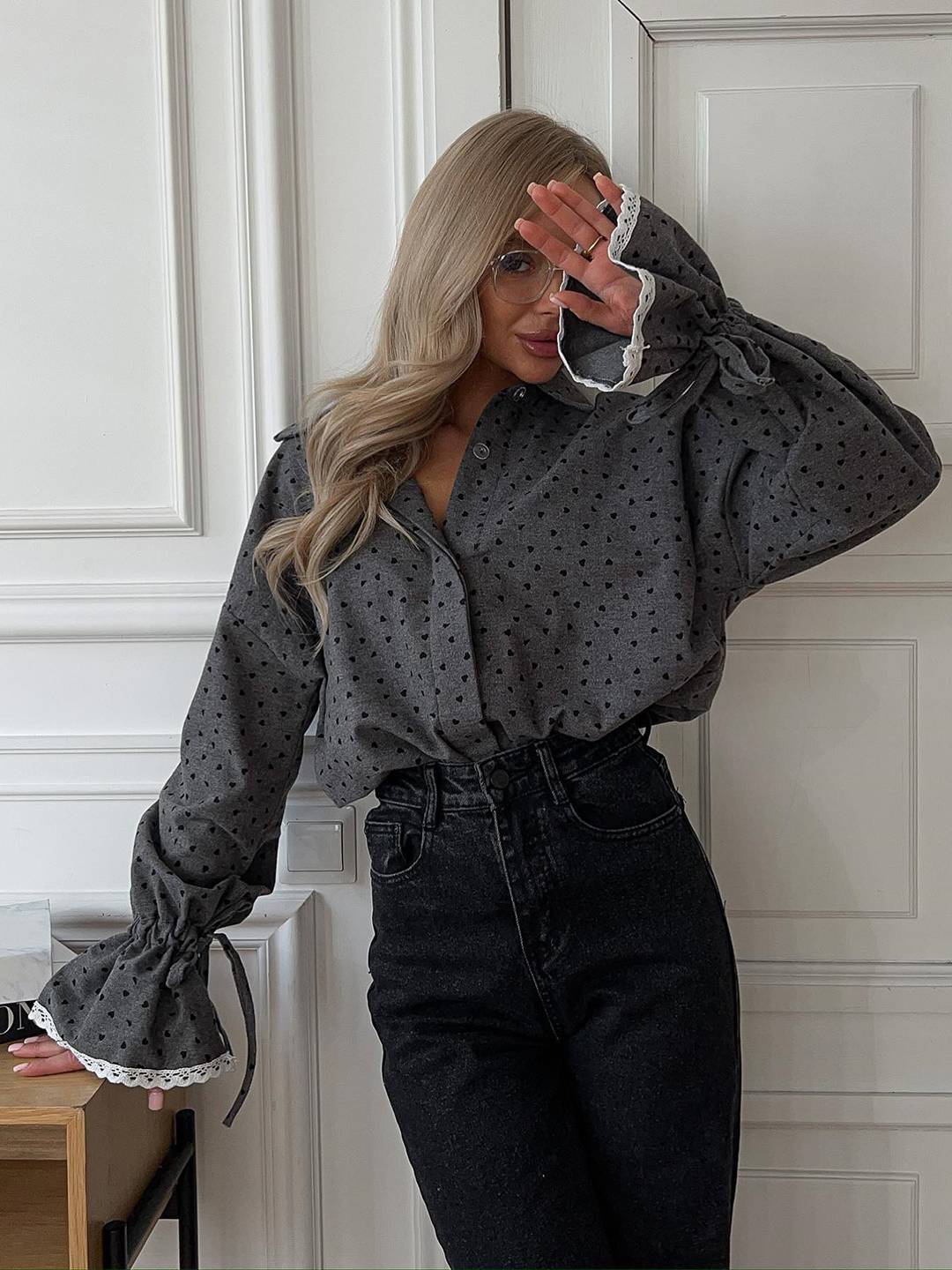 Cocolii chemisier à pois dentelle col chemise manches évasées manches longues femme vintage décontracté doux blouse