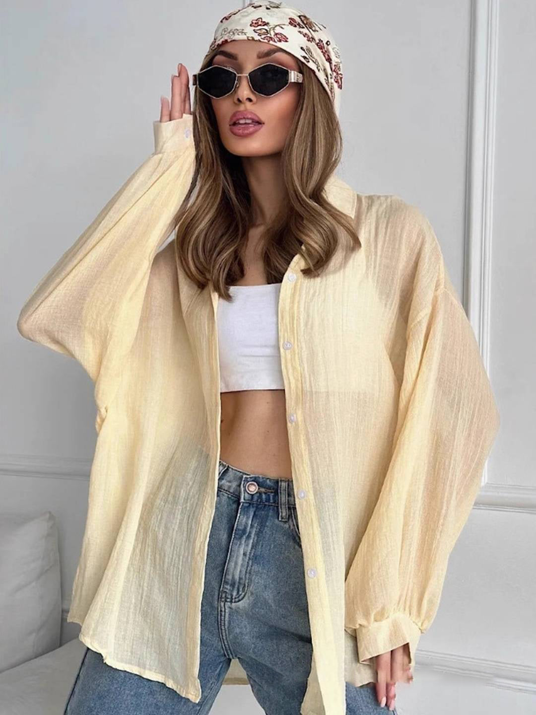 Cocolii chemise femme col chemise manches longues femme élégant décontracté oversized manches bouffantes blouse