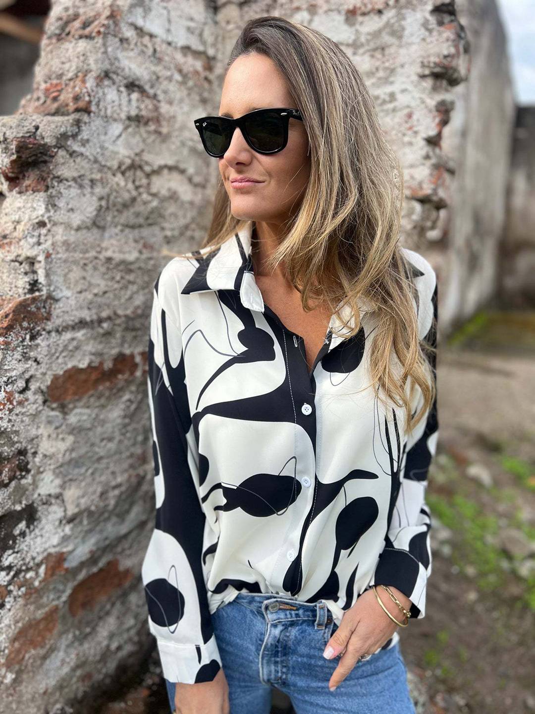 Cocolii chemisier mousseline femme Imprimé abstrait boutonnage manches longues décontracté blouse pour bureau