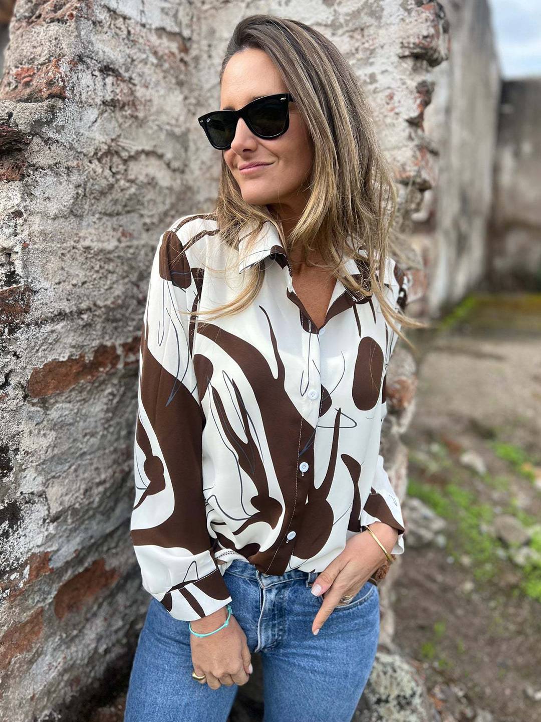 Cocolii chemisier mousseline femme Imprimé abstrait boutonnage manches longues décontracté blouse pour bureau