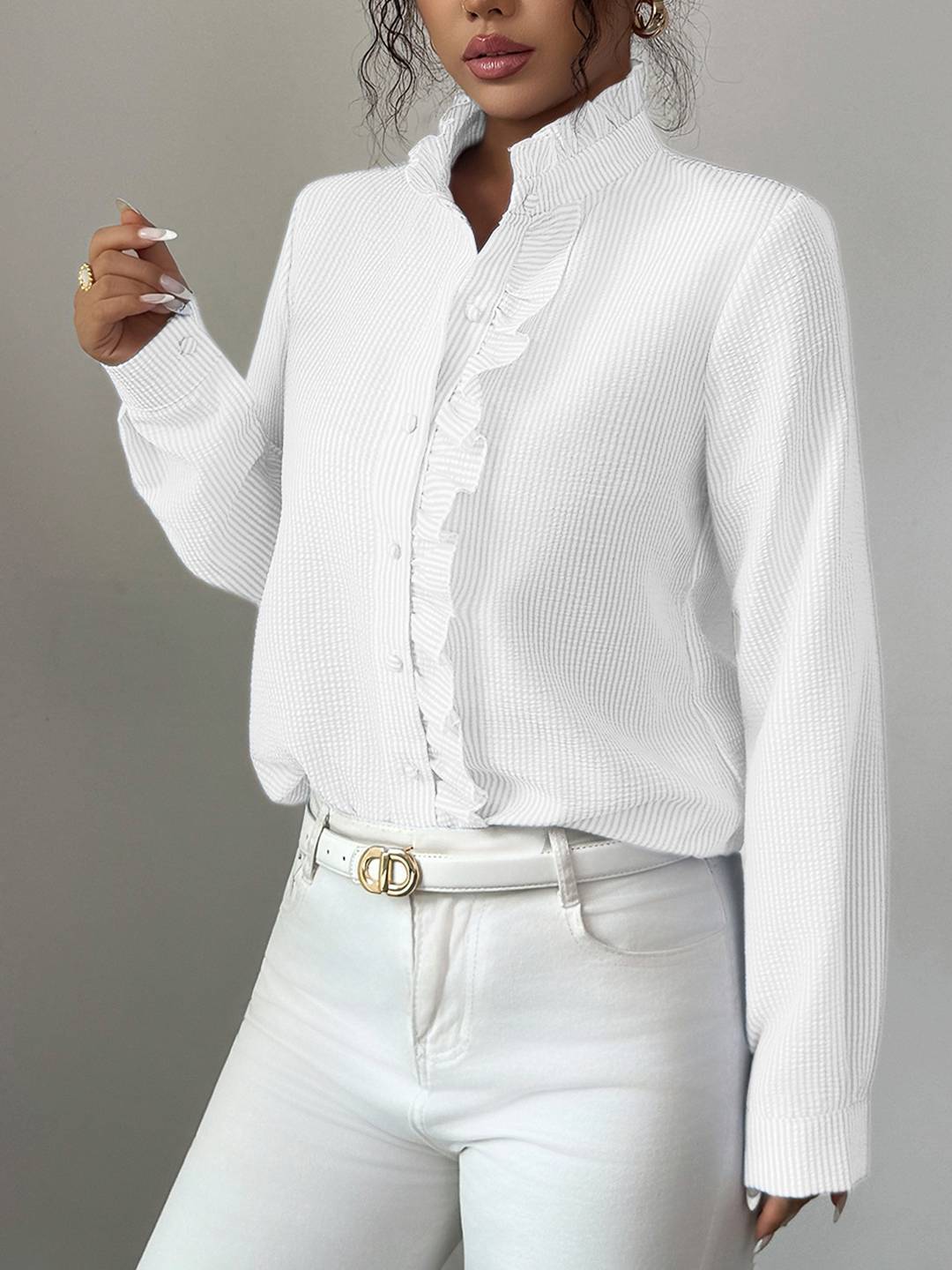 Cocolii chemisier femme à rayé et volants boutonnage col montant manches longues doux décontracté blouse pour bureau