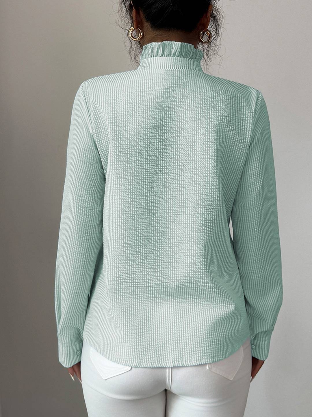 Cocolii chemisier femme à rayé et volants boutonnage col montant manches longues doux décontracté blouse pour bureau