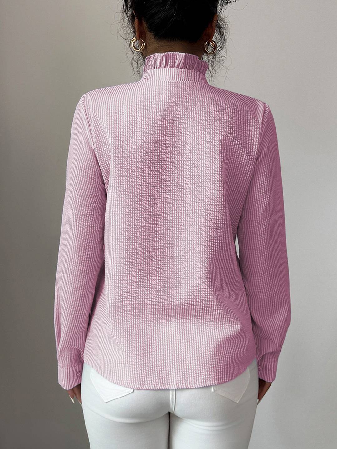 Cocolii chemisier femme à rayé et volants boutonnage col montant manches longues doux décontracté blouse pour bureau