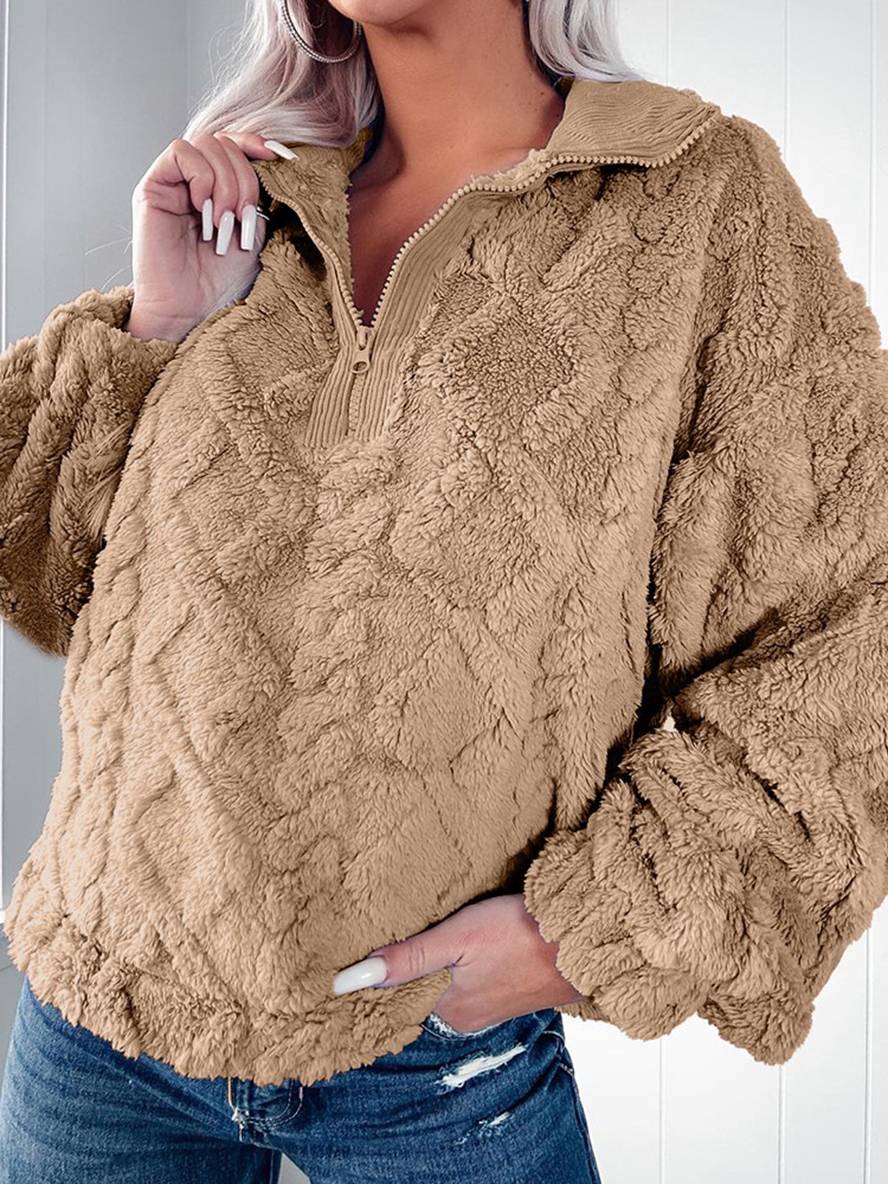 Cocolii sweatshirt unicolore col montant fermeture éclair manches longues femme décontracté oversized casual hauts