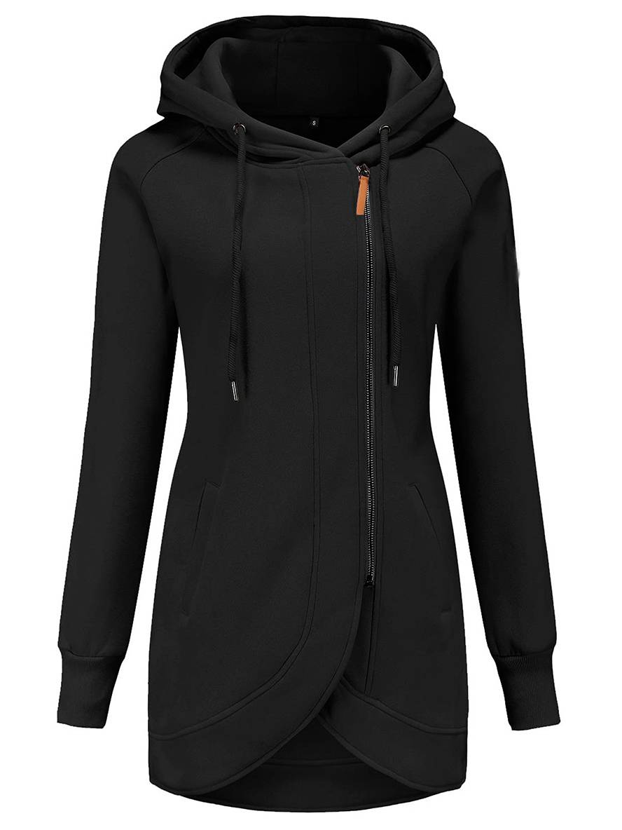 Cocolii mi-longue sweatshirt à capuche fermeture éclair poches manches bishop femme décontracté mode casual blouson
