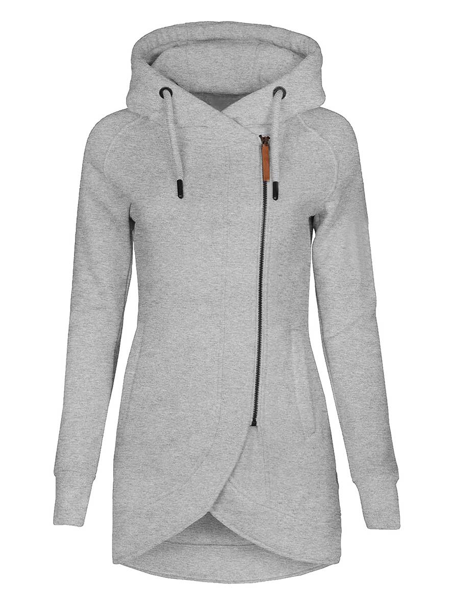 Cocolii mi-longue sweatshirt à capuche fermeture éclair poches manches bishop femme décontracté mode casual blouson
