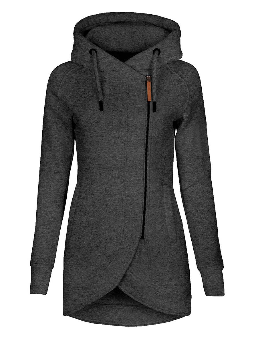 Cocolii mi-longue sweatshirt à capuche fermeture éclair poches manches bishop femme décontracté mode casual blouson