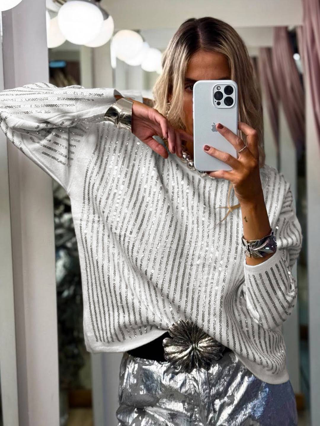 Cocolii sweatshirt de fête femme brillante paillette col rond manches longues vintage décontracté casual haut pour soirée noël