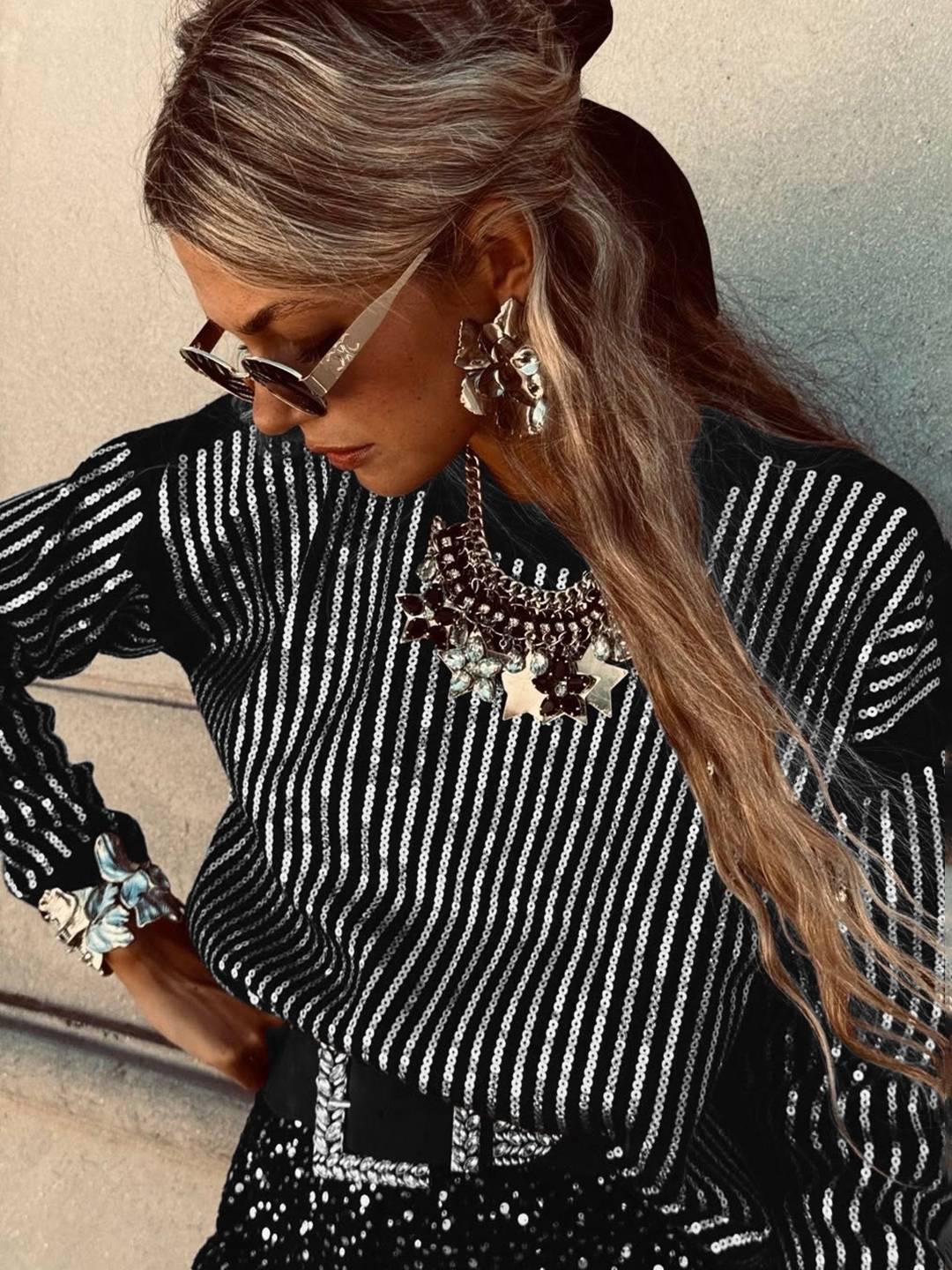 Cocolii sweatshirt de fête femme brillante paillette col rond manches longues vintage décontracté casual haut pour soirée noël