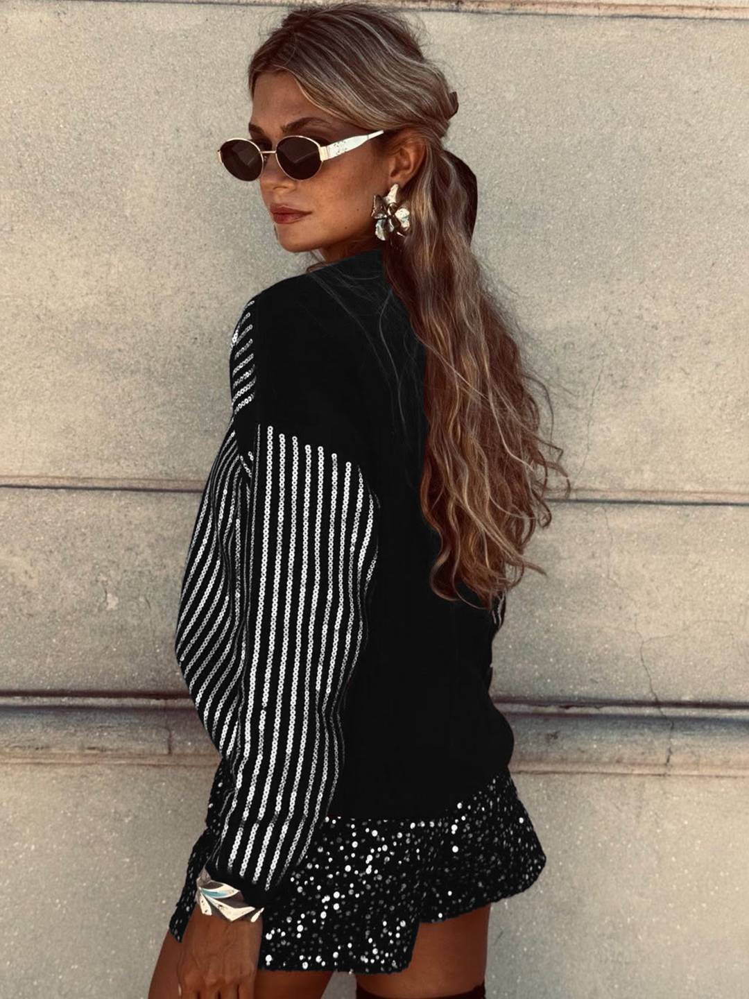 Cocolii sweatshirt de fête femme brillante paillette col rond manches longues vintage décontracté casual haut pour soirée noël