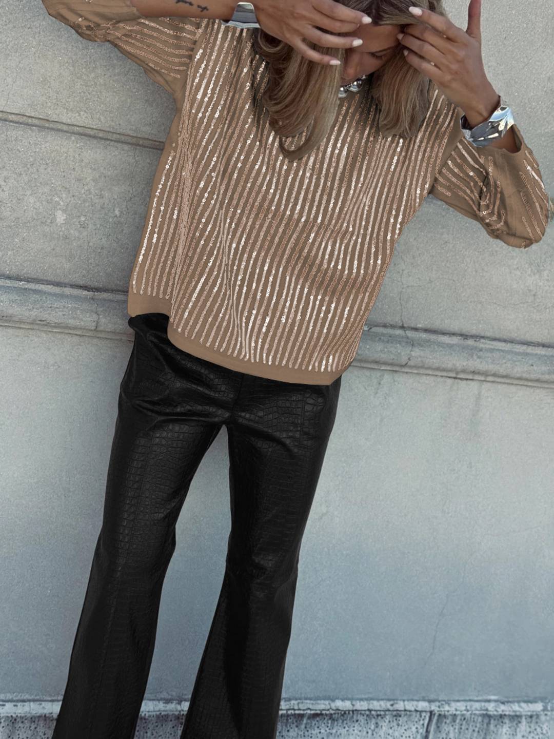 Cocolii sweatshirt de fête femme brillante paillette col rond manches longues vintage décontracté casual haut pour soirée noël