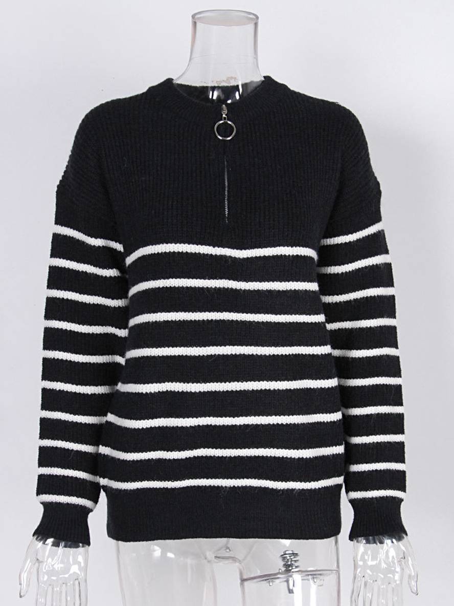 Cocolii pull rayé mohair angora v-cou fermeture éclair col rond femme casual mode décontracté vêtements