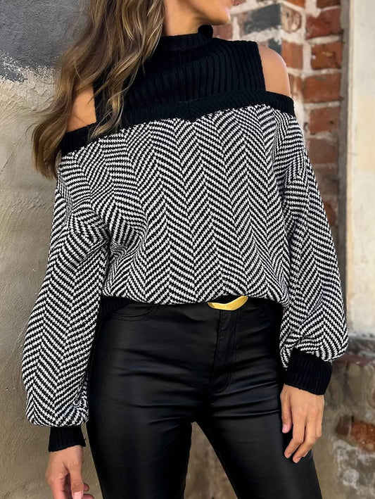 Cocolii pull chevrons épaules fendues col montant manches longues femme élégant décontracté ample casual hauts