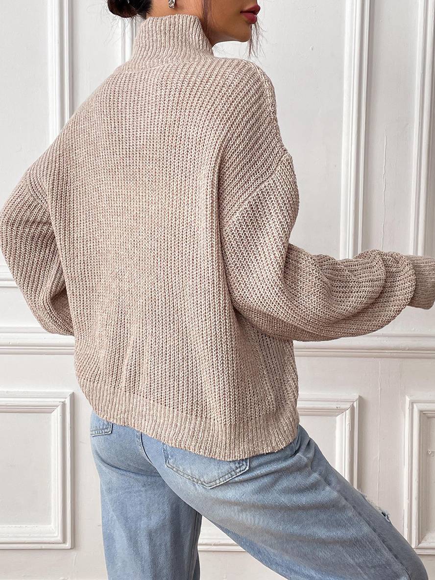 Cocolii pull en maille unicolore coeur brodée col montant manches bishop femme élégant décontracté doux casual hauts