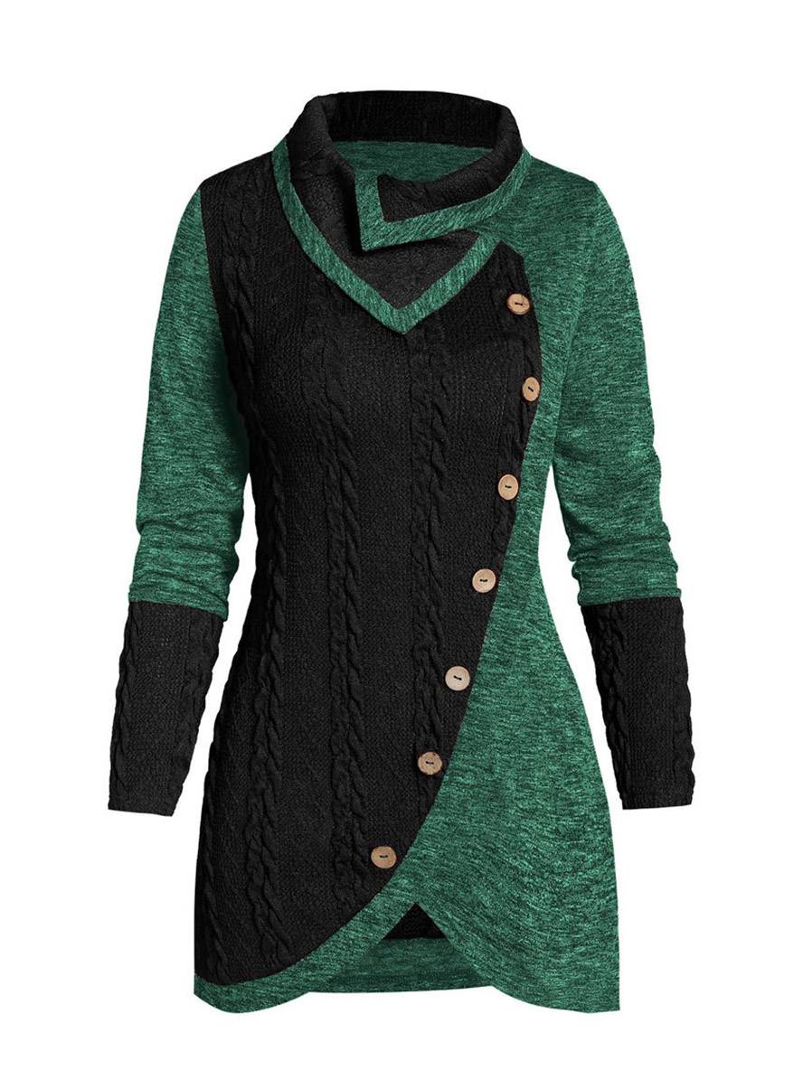 Cocolii pull irrégulière couleur bloc boutonnage manches longues femme élégant décontracté mode casual