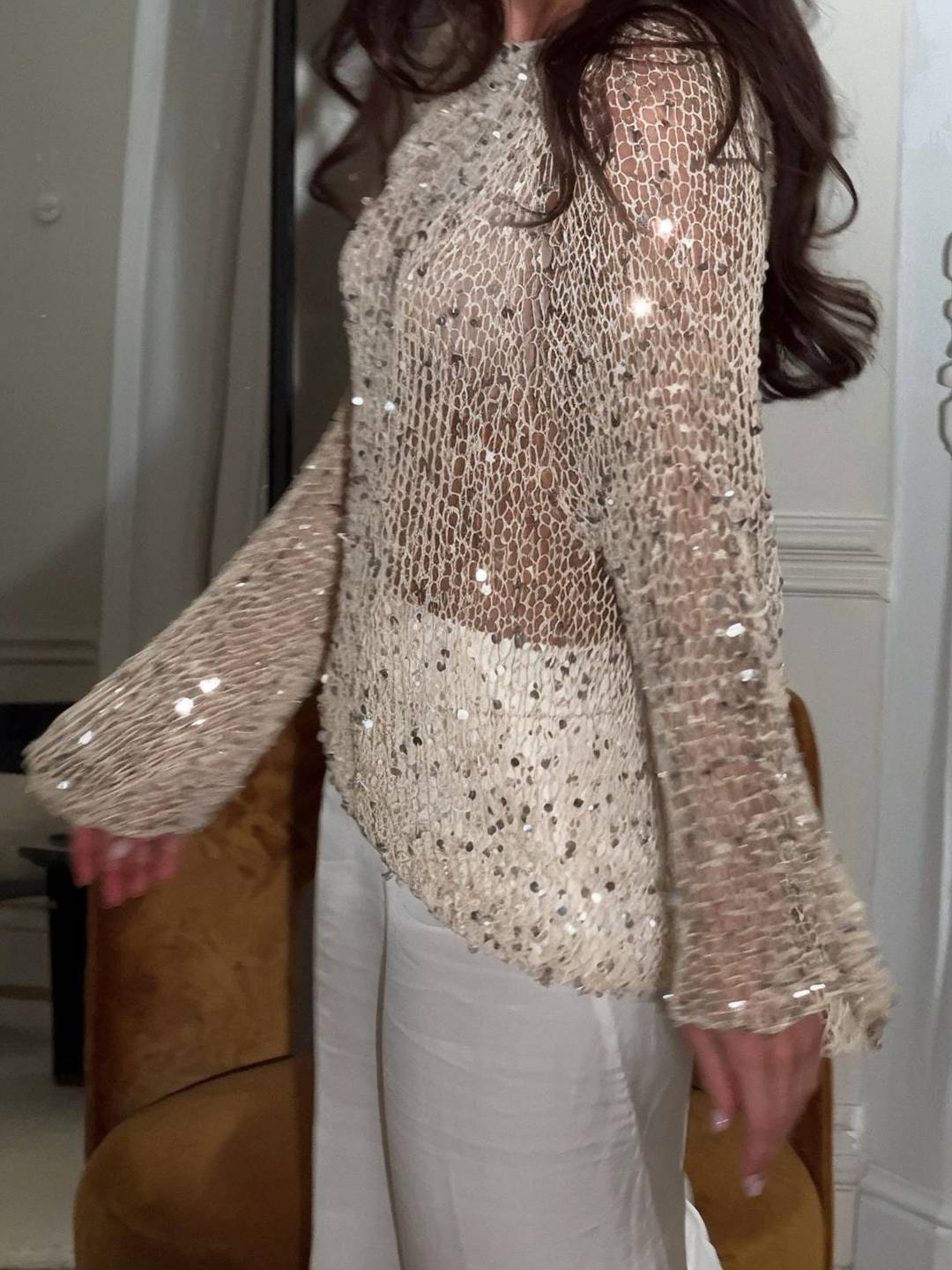 Cocolii pull en tricot femme brillante paillette col rond manches longues élégant décontracté oversized hauts