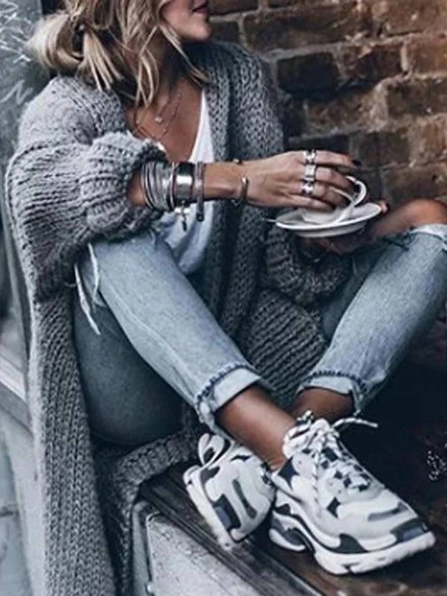 Cocolii longue cardigan en grosse maille unicolore manches longues femme oversized gris