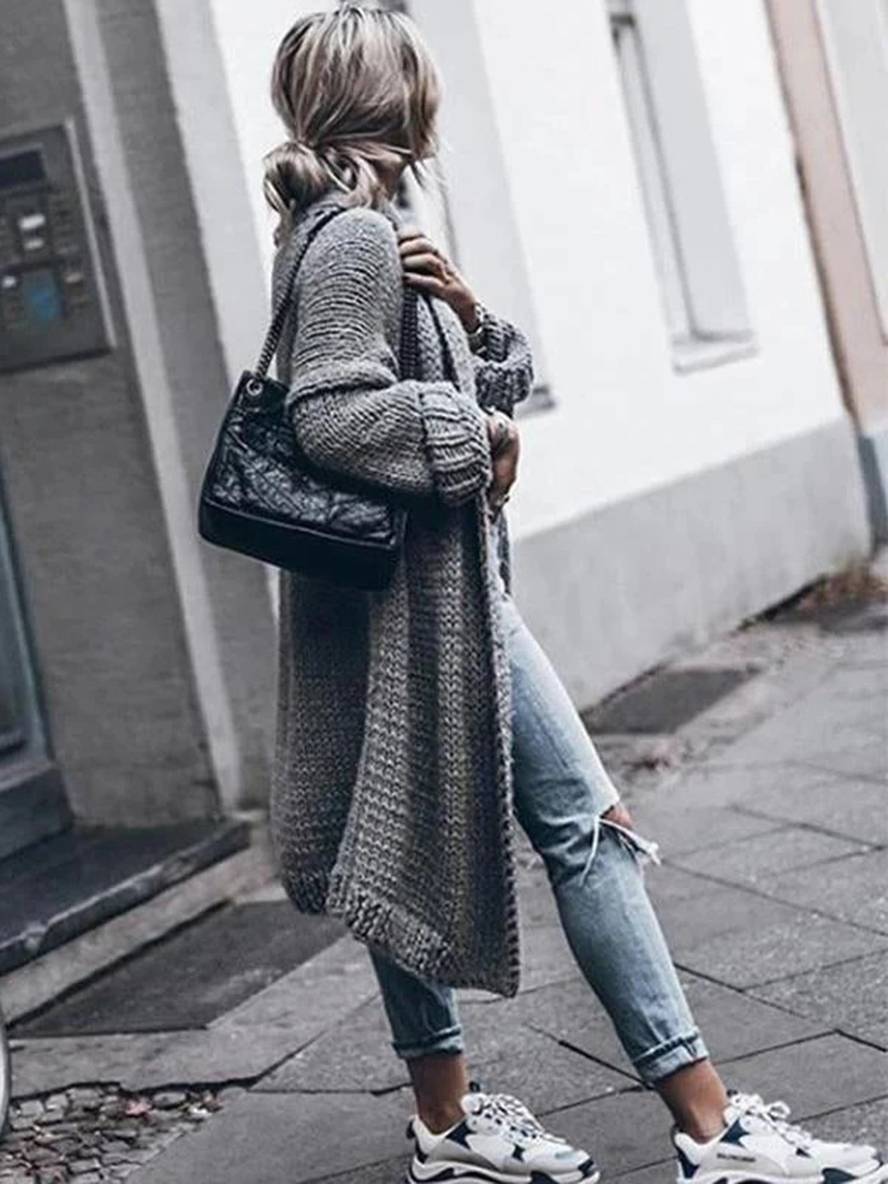 Cocolii longue cardigan en grosse maille unicolore manches longues femme oversized gris