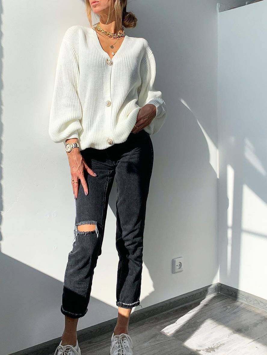 Cocolii cardigans unicolore v-cou pearl boutonnage poches manches bishop femme décontracté ample oversized pull