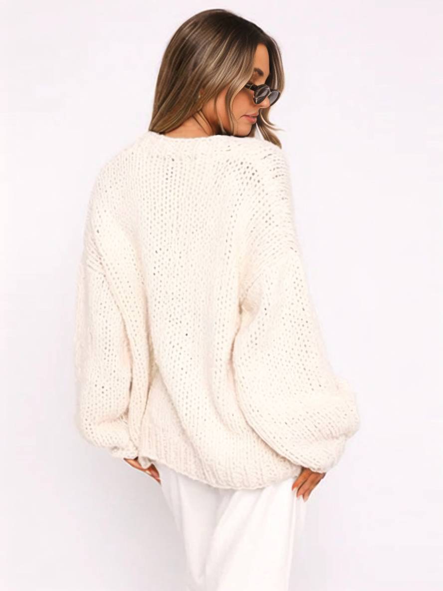 Cocolii cardigan en grosse maille unicolore épaule tombante manches longues femme élégant décontracté ample oversized blouson
