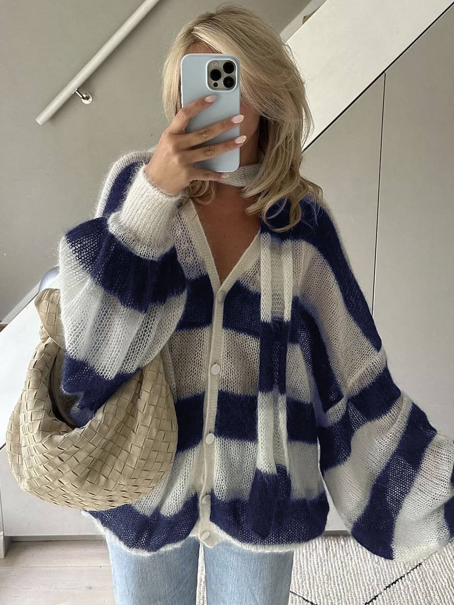 Cocolii pull cardigans rayé boutonnage poches v-cou manches longues femme élégant décontracté ample