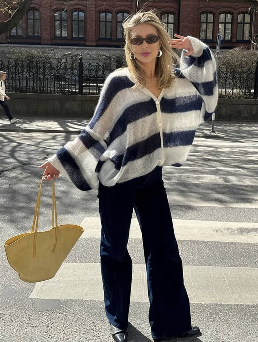 Cocolii pull cardigans rayé boutonnage poches v-cou manches longues femme élégant décontracté ample