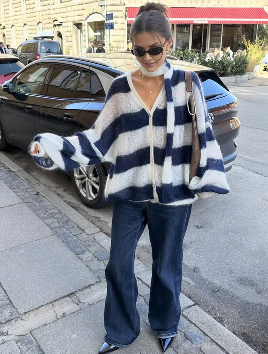 Cocolii pull cardigans rayé boutonnage poches v-cou manches longues femme élégant décontracté ample