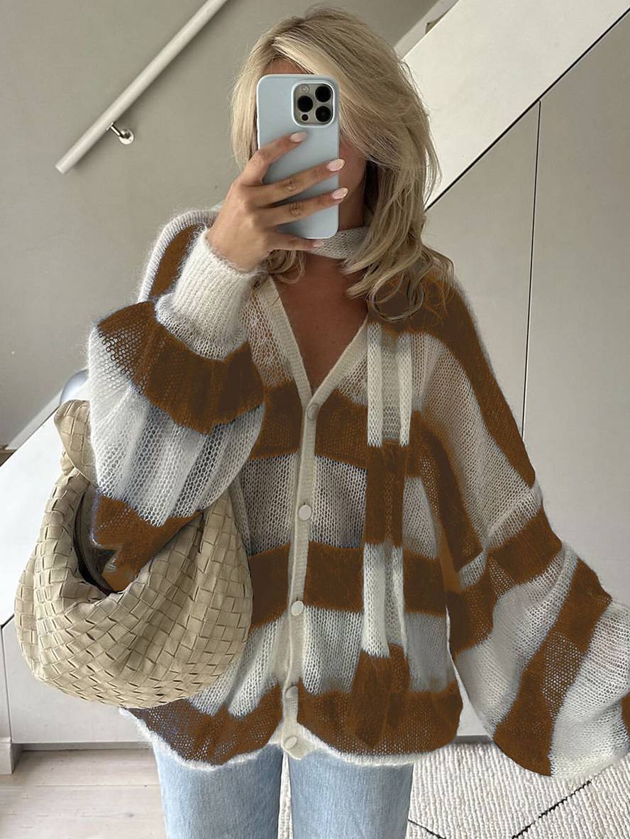 Cocolii pull cardigans rayé boutonnage poches v-cou manches longues femme élégant décontracté ample