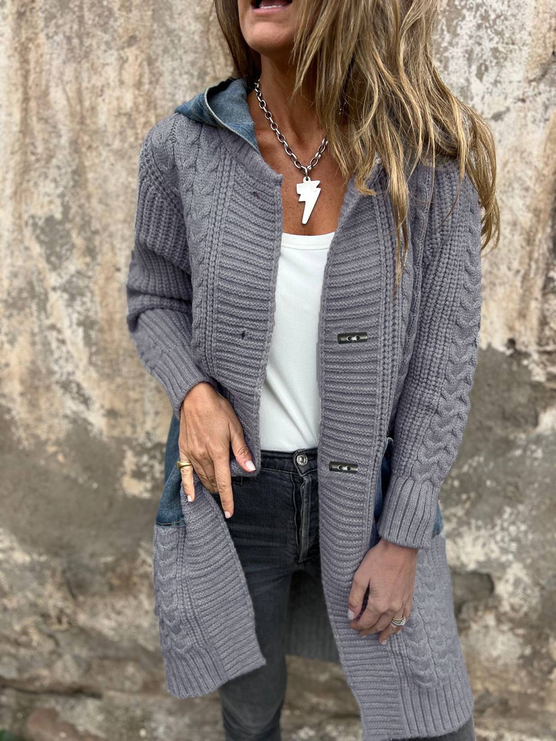 Cocolii mi-longue cardigans en maille torsadée avec jean à capuche poches femme ample oversized décontracté pull manteau