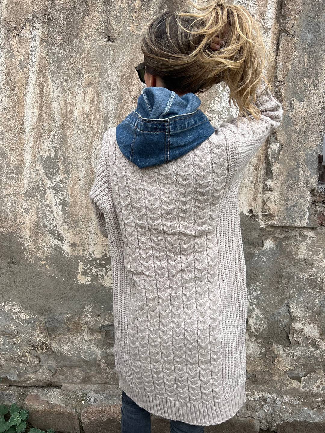 Cocolii mi-longue cardigans en maille torsadée avec jean à capuche poches femme ample oversized décontracté pull manteau