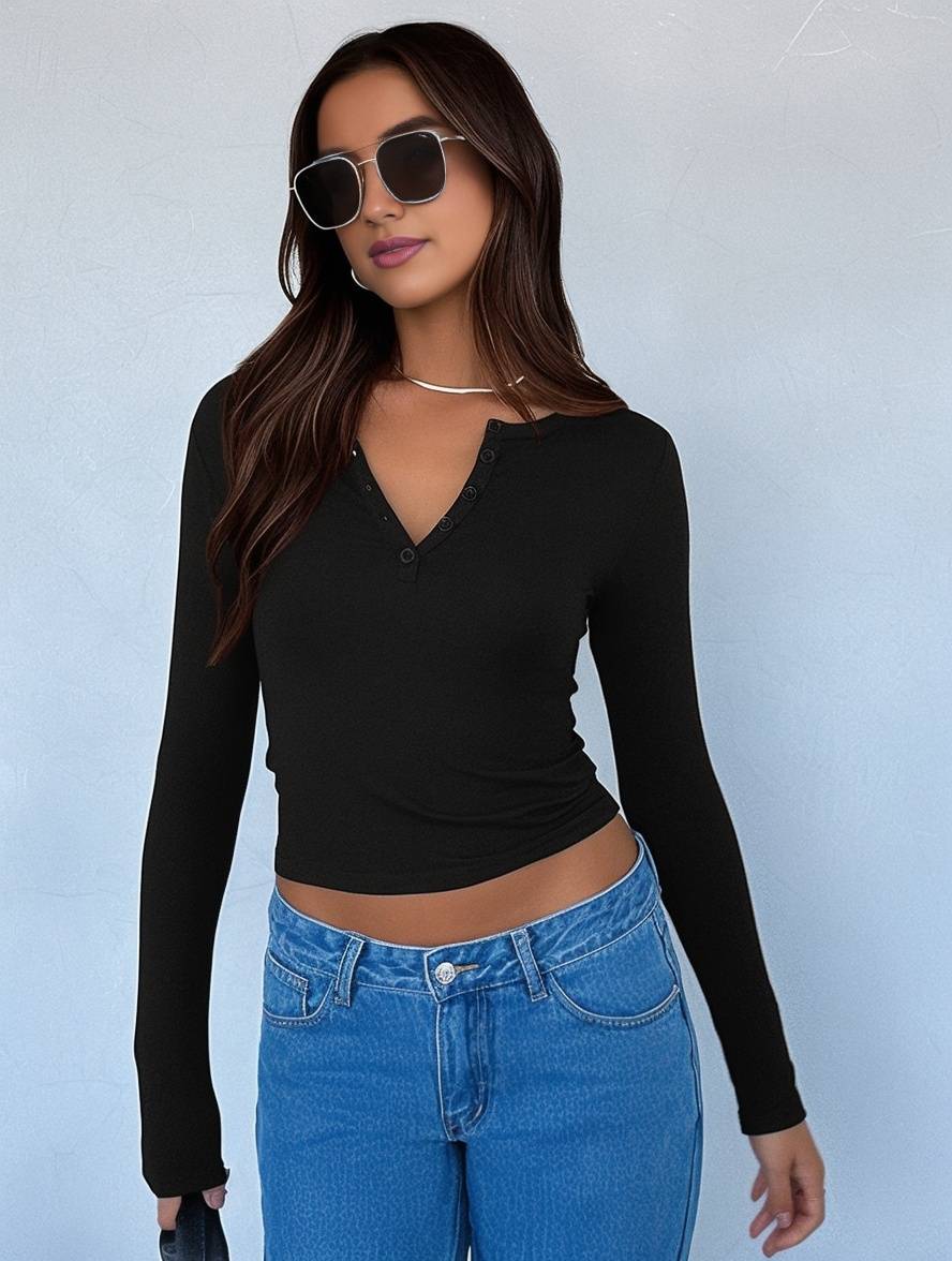 Cocolii hauts unicolore boutons v-cou manches longues femme élégant décontracté mode casual