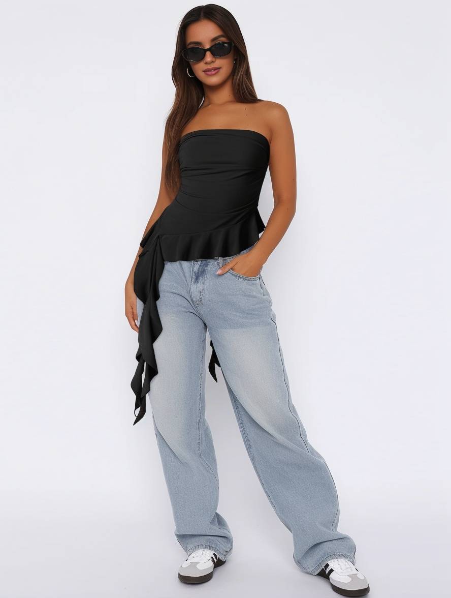 Cocolii hauts à volantée frange ceinture bustier dos nu sans manches femme casual élégant mode décontracté