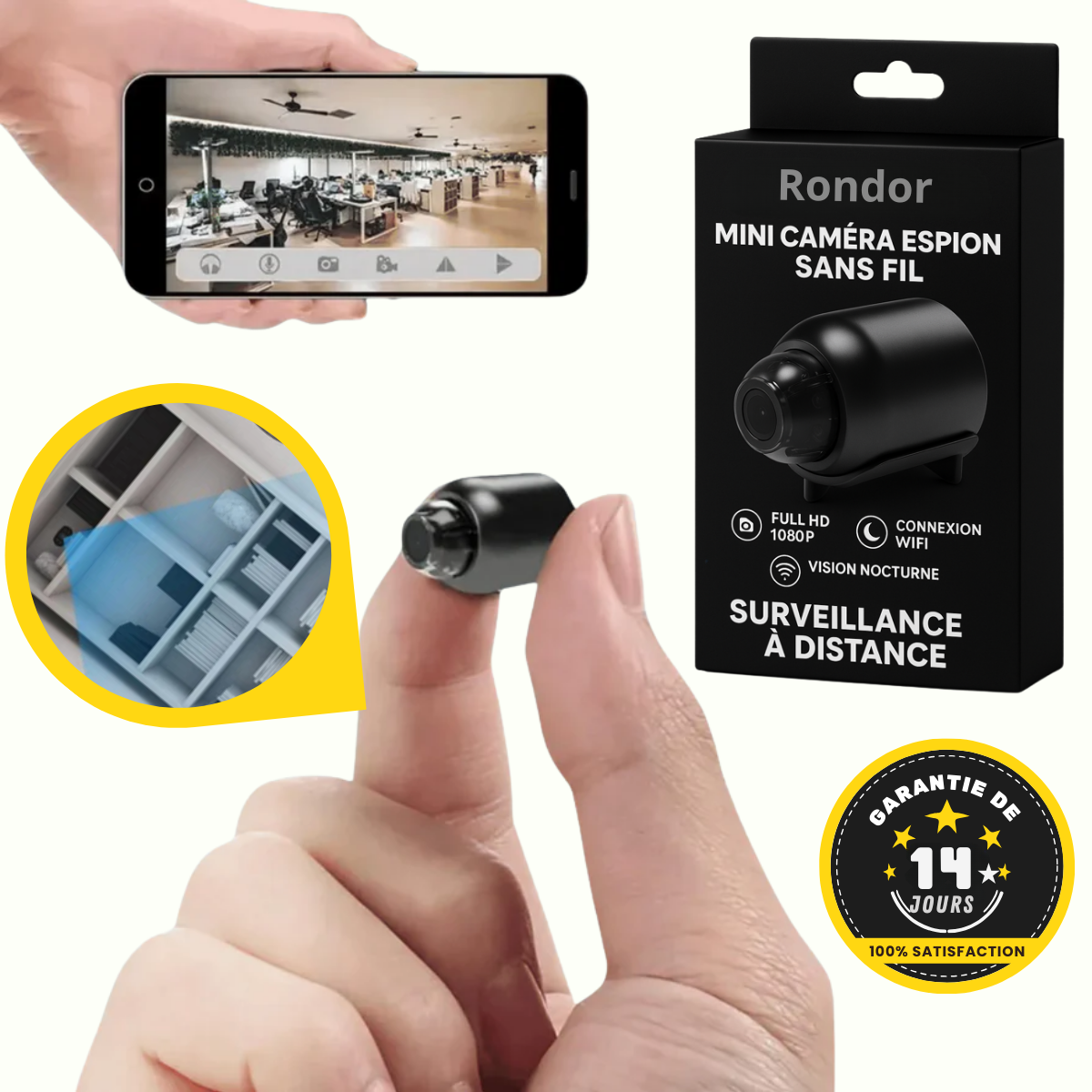 Mini Caméra Espion Sans Fil, Contrôle à Distance et Enregistrement HD