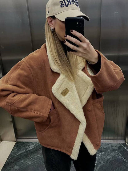 Cocolii manteau aviateur suedine boutons poches col revers manches longues femme vintage décontracté ample hiver veste