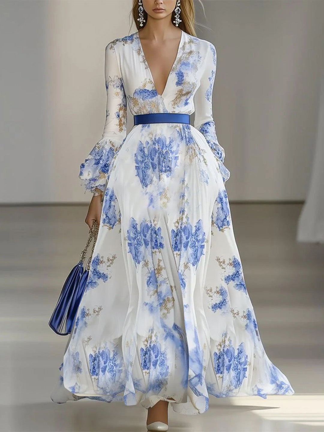 Cocolii robe longue en mousseline imprimé à fleurie v-cou manches évasées manches longues femme vintage bohème