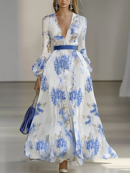 Cocolii robe longue en mousseline imprimé à fleurie v-cou manches évasées manches longues femme vintage bohème