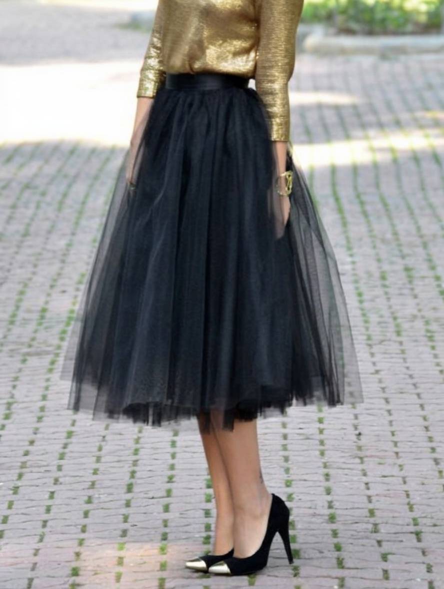 Cocolii mi-longue jupe bouffante tutu tulle unicolore polyester femme élégant noir