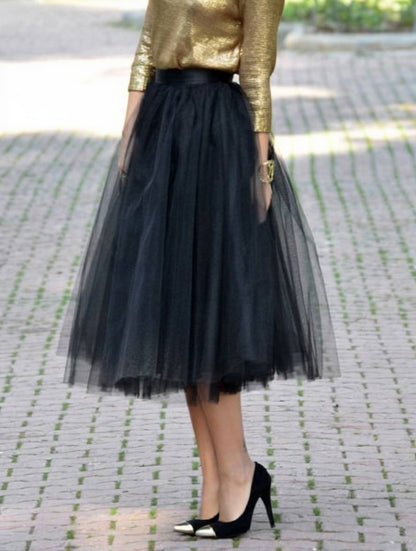 Cocolii mi-longue jupe bouffante tutu tulle unicolore polyester femme élégant noir