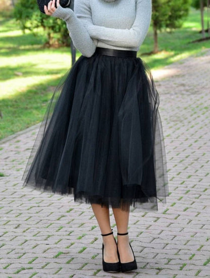 Cocolii mi-longue jupe bouffante tutu tulle unicolore polyester femme élégant noir