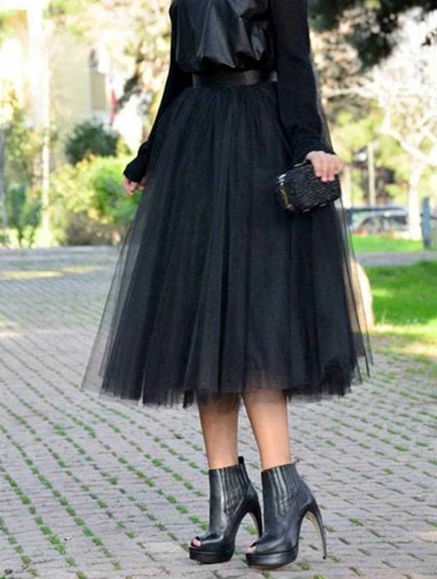 Cocolii mi-longue jupe bouffante tutu tulle unicolore polyester femme élégant noir