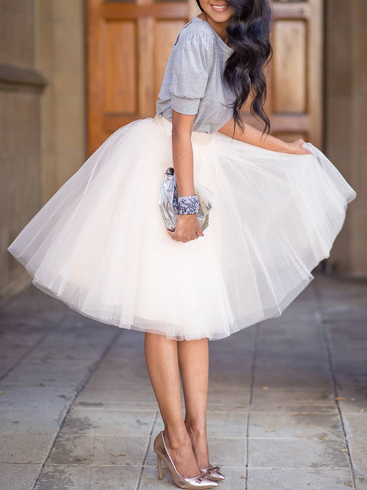 Cocolii mi-longue jupe unicolore tutu en tulle taille haute plissé femme élégant mode blanche