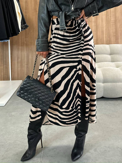 Cocolii longue jupe rayé léopard fendu le côté femme élégant décontracté mode