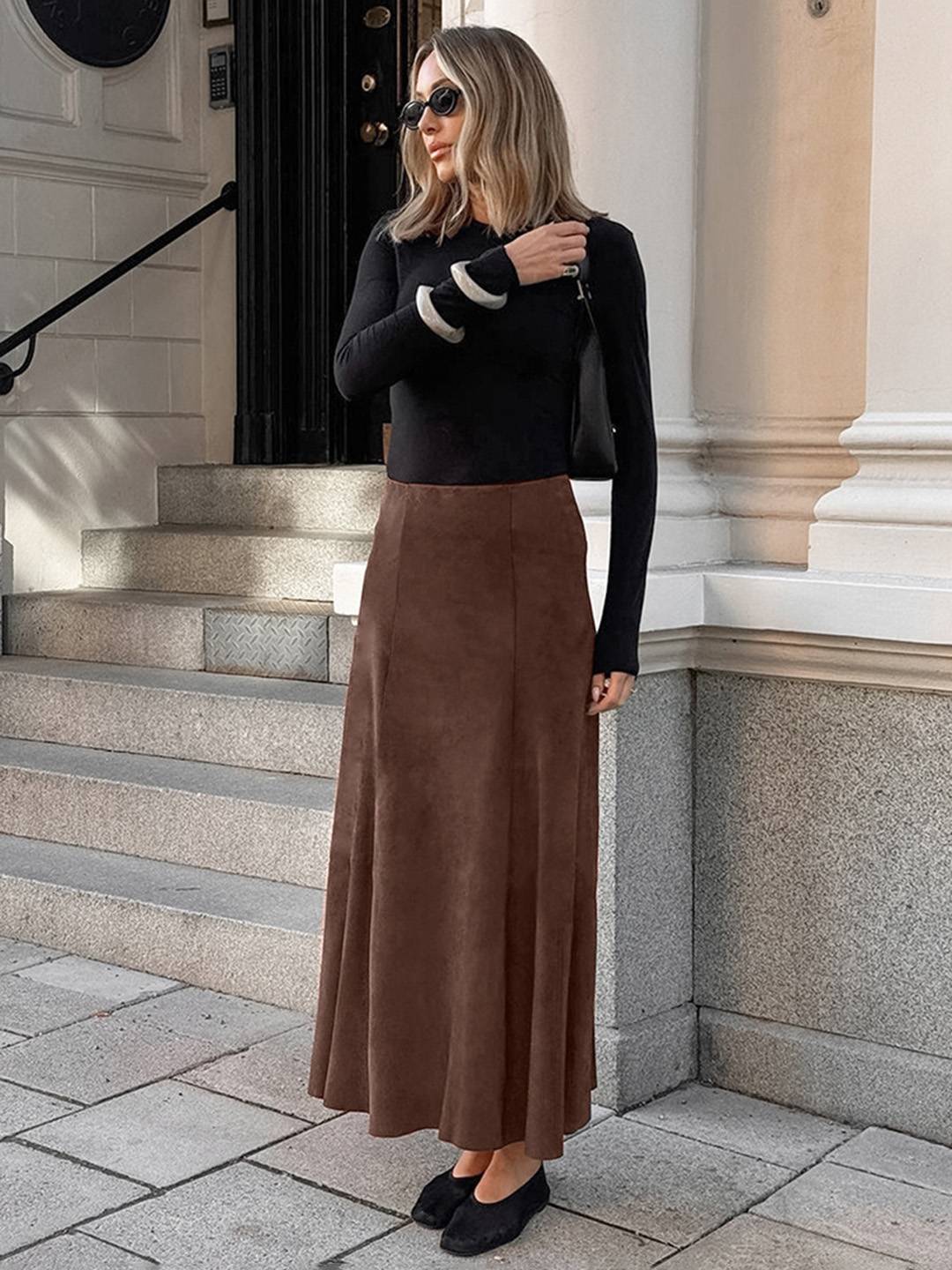 Cocolii longue jupe femme en daim synthétique jupe maxi évasée taille haute style rétro élégant pour automne hiver